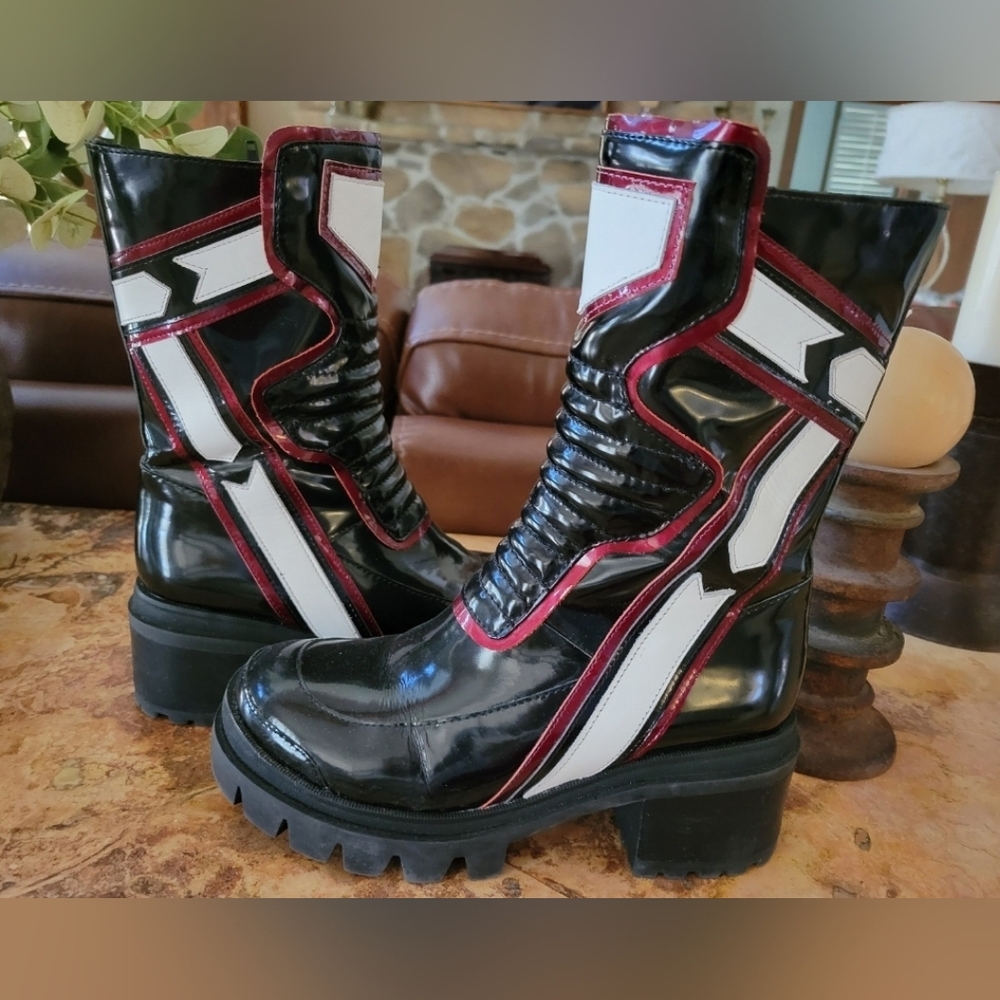EUC Jeffrey Campbell MOTO Black and White Platform Ankle Boots with Red Trim 8